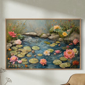 Peaceful Lily Pond with Water Lilies Oil Painting Canvas Print Lily Pads and Lotus Flowers Nature Landscape Scenery Wall Art Decor