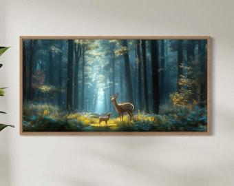 Majestic Mother Deer and Fawn in the Forest Wall Art Canvas Print Enchanted Woodland Wildlife Nature Landscape Painting Rustic Cabin Decor