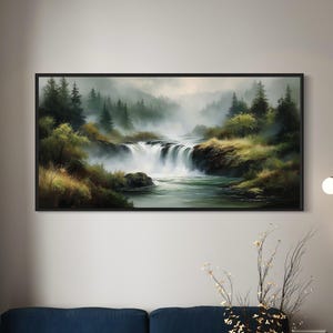 River Waterfall in the Pine Tree Forest Painting Wall Art Canvas Nature Landscape Scenery Decor Peaceful Calming Waters Foggy Mountain