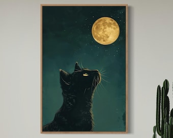 Black Kitty Cat Staring At the Full Moon Starry Sky Illustration Minimalistic Animal Artwork Wall Art Canvas Nursery Children Decor