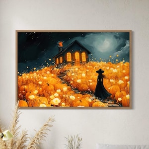 Whimsical Halloween Witch Canvas Print Spooky Haunted House Wall Art on Glowing Pumpkin Field Enchanted Autumn Night Scenery Magical Decor