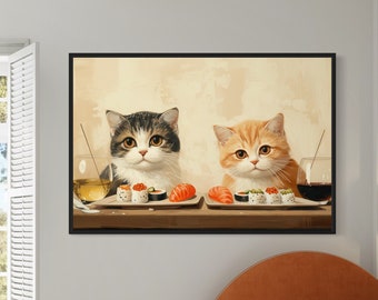 Adorable Tabby Cats and Sushi Wall Art Canvas Fine Dining Nigiri Date with Wine Romantic Decor Kittens Illustration Painting Animal Artwork