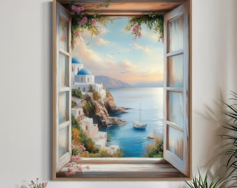 Santorini Greece Coastal Canvas Mediterranean Window View Wall Art Blue Domes and Sailboat Scenic Home Decor Greek Travel Poster Painting