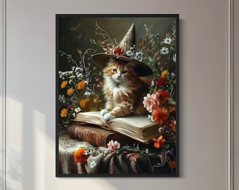 Enchanted Cat Wizard in Floral Garden Reading a Book On A Table Adorable Fantasy Animal Illustration Painting Magical Wall Art Canvas Decor
