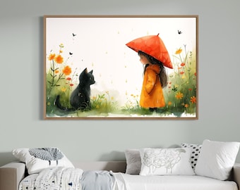 Black Cat and Little Girl in a Raincoat with Red Umbrella Watercolor Wall Art Canvas Painting Rainy Day with Spring Flowers Nursery Decor
