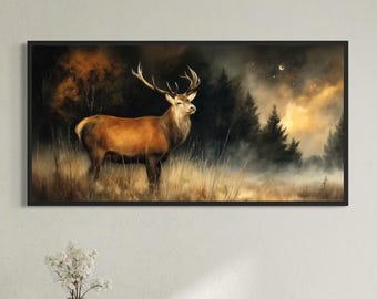 Majestic Deer in the Under Starry Night Sky Dark Moody Forest Landscape Wall Art Canvas Vintage Woodland Animal Painting Rustic Decor