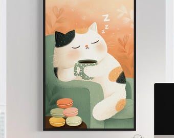 Cozy Calico Cat On the Sofa Sleeping with Coffee and Macarons Mint Green Pastel Colors Adorable Whimsical Feline Wall Art Canvas Decor