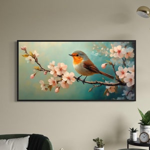 Vintage Oil Painting Of A Robin Bird on Cherry Blossom Tree Branch Nature Inspired Artwork Elegant Peaceful Floral Wall Art Canvas Decor