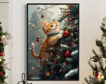 Adorable Ginger Baby Kitten Cat on A Christmas Tree Winter Scenery Holiday Season Wall Art Canvas Illustration Decor Gift For Cat Lovers