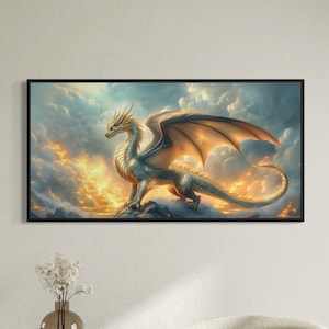 Epic Blue Dragon Wall Art Canvas Print Majestic Fantasy Dragon Fiery Ocean and Clouds Mythical Creature Illustration Metallic Dragon Decor