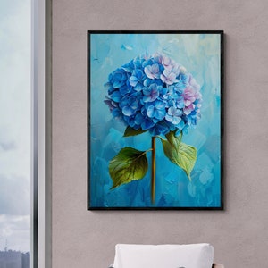Single Blue Hydrangea Flower Oil Painting Illustration Portrait Botanical Floral Garden Artwork Wall Art Canvas Elegant Home Decor