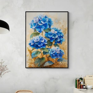 Elegant Vibrant Blue Hydrangeas Flowers Watercolor Illustration Botanical Floral Artwork Nature Wall Art Canvas Painting Home Office Decor