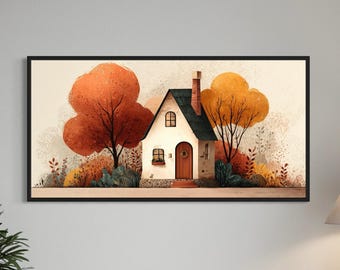 Whimsical Autumn Cottage House Wall Art Canvas Print Cozy Fall House Painting with Trees Rustic Farmhouse Seasonal Decor Storybook Style Art