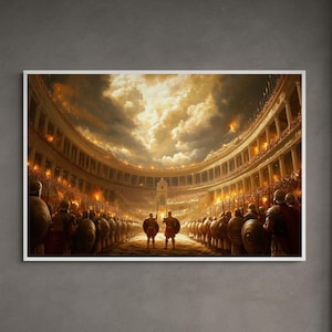 Roman Gladiators in Colosseum Arena Cheering Crowd Ancient Rome Historical Wall Art Canvas Decor Iconic Landmark Poster Grandeur Artwork