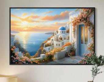 Santorini Seaside Sunset Painting Canvas Print Greek Mediterranean Coastal Landscape Wall Art Blue Dome Buildings Greece Travel Poster Decor