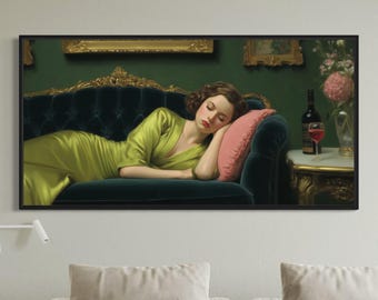 Vintage Elegant Woman Sleeping on the Sofa Canvas Print Retro Hollywood Glamour Wall Art Classic Lady with Cocktail Living Room Decor