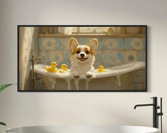 May include: A rectangular wall art print featuring a Corgi dog sitting in a vintage clawfoot bathtub filled with white soap bubbles and three small yellow rubber ducks, set against a background of light blue and white square bathroom tiles.