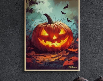 Halloween Jack O Lantern Pumpkin Illustration with Halloween Signature Spooky Forest with Bats Seasonal Wall Art Canvas Home Office Decor