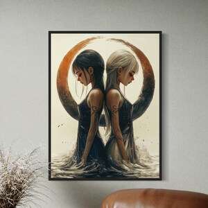 Gemini Twins Zodiac Sign Two Sisters Duality and Balance Mystical Astrology Horoscope Wall Art Canvas Illustration Decor Fantasy Anime Style