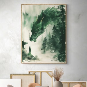 Chinese Mythical Green Dragon Serpent Gongbi Painting Traditional Chinese Mythology with Chinese Temple Wall Art Canvas Illustration Decor