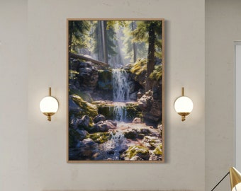 Majestic Cascading Forest Waterfall in Daylight Beautiful Peaceful Nature Landscape Scenery Portrait Photography Wall Art Canvas Decor