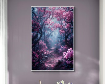 Mystical Enchanted Forest with Pink Cherry Blossom Trees A Surreal Fantasy of Dreamy Trees Wall Art Canvas Illustration Home or Office Decor