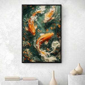 Majestic Orange Koi Fish in Koi Fish Pond Illustration Painting in Traditional Japanese Fantasy Watercolor Artwork Wall Art Canvas Decor