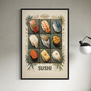 Japanese Sushi Nigiri Canvas Print Japanese Cuisine Illustration Wall Art Culinary Artwork Assorted Sashimi Nigiri Modern Kitchen Decor