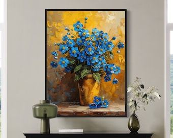 May include: A framed oil painting featuring a vibrant bouquet of bright blue flowers with yellow centers arranged in a golden-brown vase. The artwork displays thick, textured brushstrokes against a warm, golden-yellow and brown background.