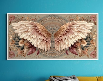 Art mural ailes d'ange, impression sur toile, motif bohème et mandala de plumes avec fleurs, style bohème, rustique, ton terre, spirituel, angélique, décoration d'intérieur