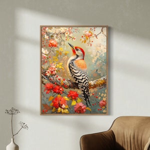 Charming Vintage Vibrant Woodpecker Bird on A Tree Branch with Blossoming Pastel Florals Illustration Wall Art Canvas Bird Portrait Decor