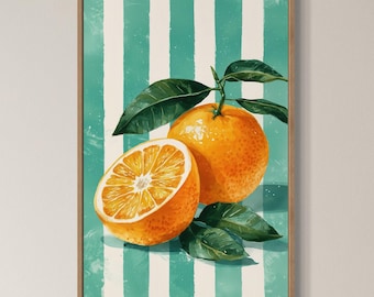 Bright Oranges Watercolor Painting Wall Art Canvas Print Green and White Striped Background Summer Citrus Fruit Kitchen Restaurant Decor