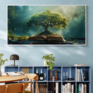 May include: A large, open book with a green tree growing out of it. The book is lying on a mossy rock in a forest setting. The scene is illuminated by a soft, golden light.