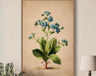 Forget Me Not Flower Portrait Illustration Canvas Print Victorian Botanical Wall Art Vintage Blue Floral Myosotis Minimalist Modern Decor