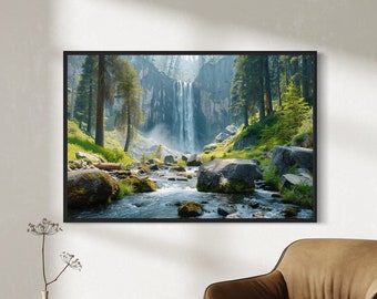 Large Majestic Mountain Waterfall with Mossy Green Rocks and Sequoia Tree Forest Nature Photography Scenery Wall Art Canvas Decor
