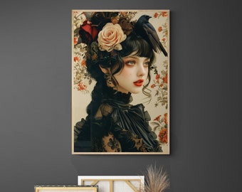 Vintage Portrait of Victorian Lady in Gothic Black Lace Dress A Beauty Floral Hair Historic Illustration Painting Wall Art Canvas Decor