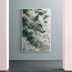 Majestic White Fox in Japanese Anime Aesthetics with Crashing Waves Abstract Fantasy Wildlife Surreal Illustration Wall Art Canvas Decor