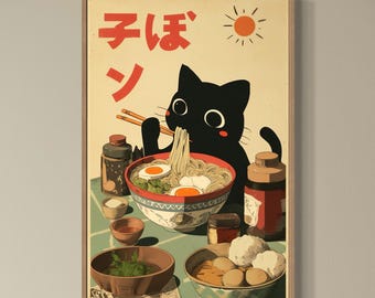 Vintage Black Cat Eating Japanese Ramen Noodles Canvas Cozy Food Artwork Whimsical Restaurant Kitchen Dining Room Decor Animal Wall Art