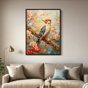 Peaceful Charming Woodpecker On A Tree Branch Oil Painting Illustration Wall Art Canvas Nature Bird Portrait Pastel Floral Home Office Decor