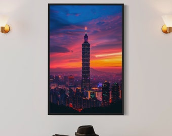 Taiwan Taipei 101 Tower with Sunset View City Skyline Night Scenery Photography Famous Iconic Landmark Wall Art Canvas Decor Travel Poster