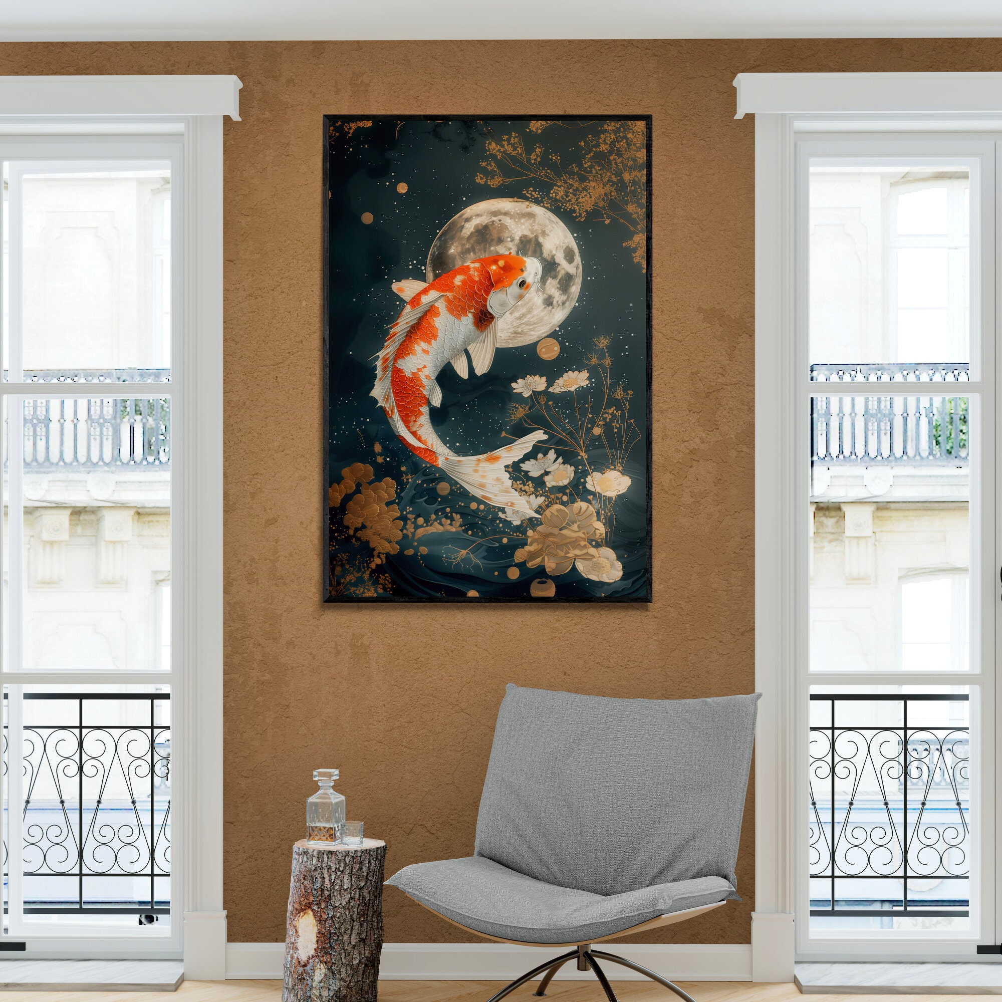 Majestic Koi Fish With Celestial Full Moon and Star With Golden Florals ...