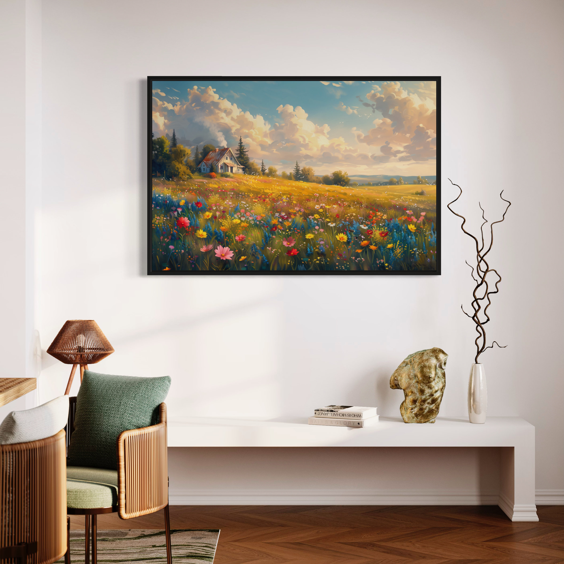 Vintage Rustic Farmhouse Country House Wildflower Field Landscape Oil ...