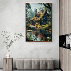 May include: A painting of a quaint, moss-covered cottage nestled in a lush forest setting. A small stream flows in front of the cottage, reflecting the surrounding trees and sky. The painting has a warm, inviting atmosphere.