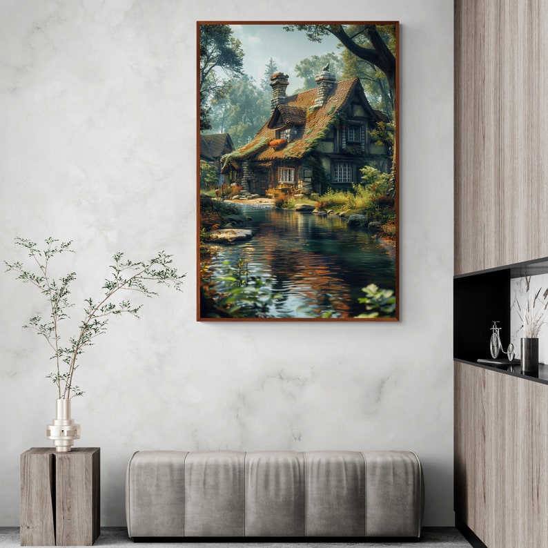 May include: A painting of a quaint, moss-covered cottage nestled in a lush forest setting. A small stream flows in front of the cottage, reflecting the surrounding trees and sky. The painting has a warm, inviting atmosphere.