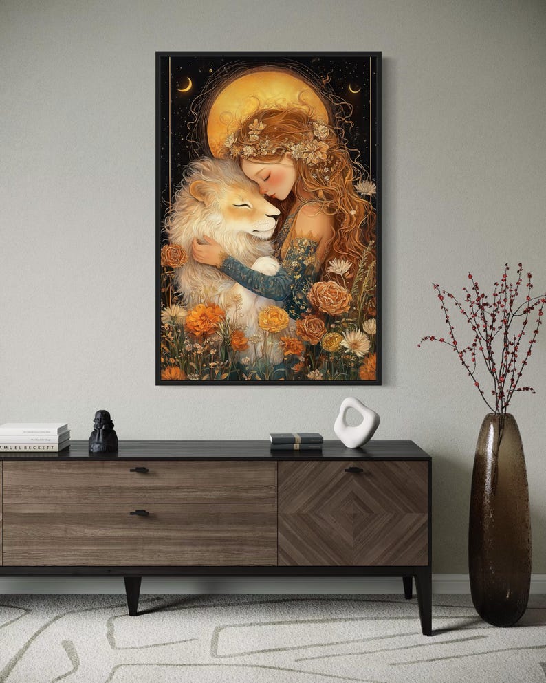 May include: A painting of a woman with long red hair embracing a lion. The woman is wearing a floral crown and a blue dress. The lion is white with a golden mane. The background is a dark forest with a full moon and stars.