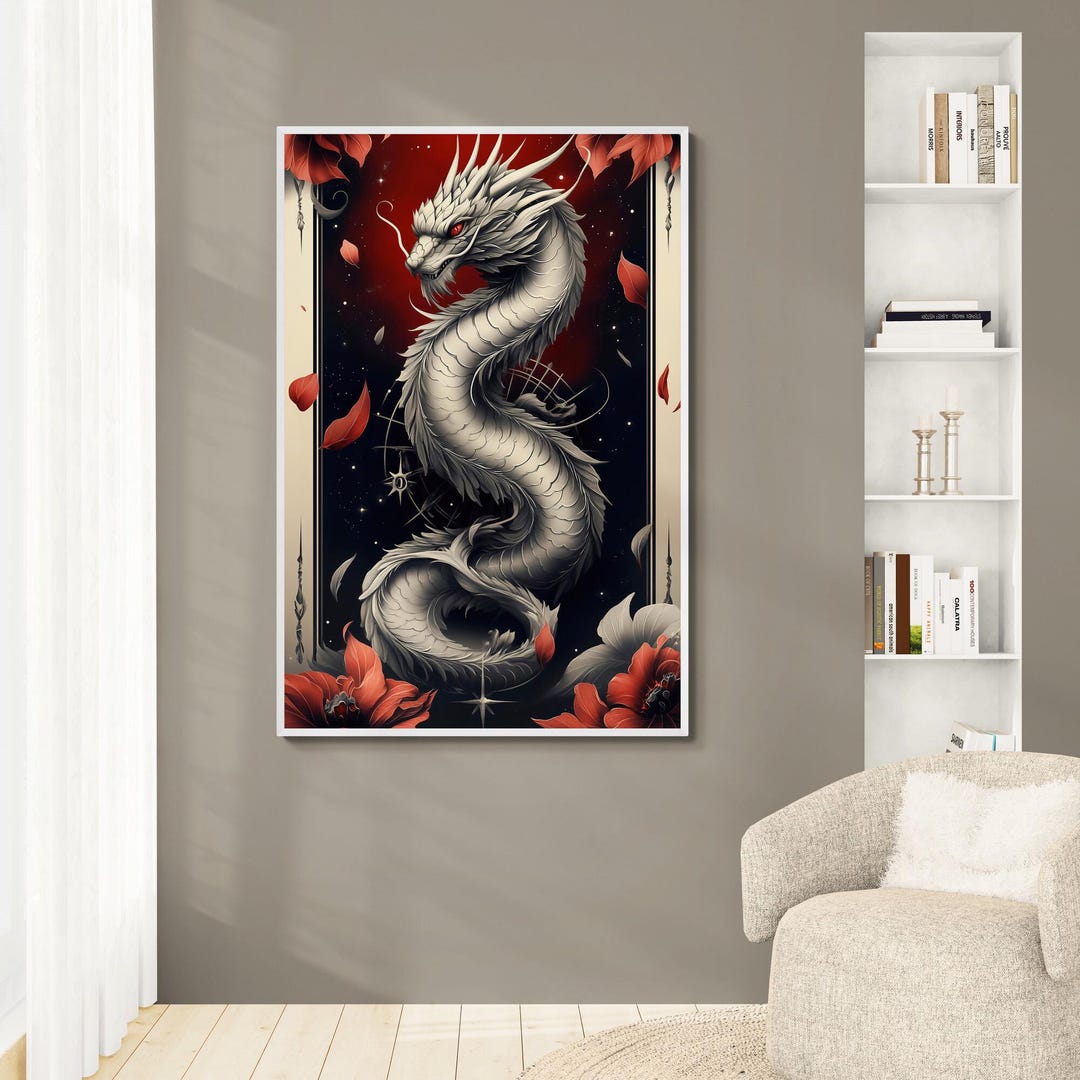 Gothic Silver Dragon Wall Art Canvas Print Dragon Zodiac Sign Red and ...