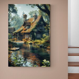 May include: A quaint, moss-covered cottage with a stone chimney and a stream flowing in front of it. The cottage is surrounded by lush greenery and trees.