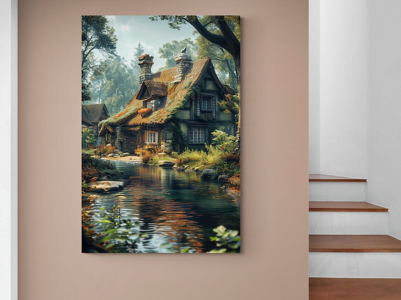 May include: A quaint, moss-covered cottage with a stone chimney and a stream flowing in front of it. The cottage is surrounded by lush greenery and trees.