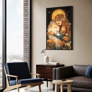 May include: A painting of a woman with long flowing hair embracing a white lion. The woman is wearing a floral crown and a flowing dress. The background is a dark blue with a large yellow moon and stars.