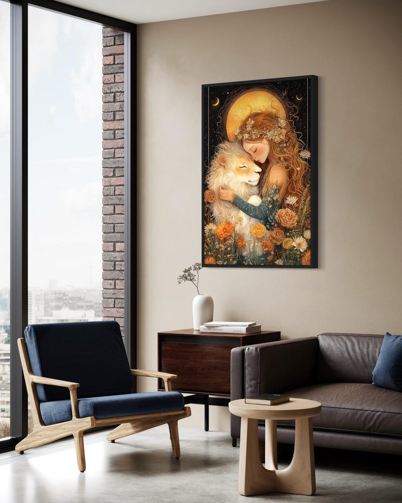 May include: A painting of a woman with long flowing hair embracing a white lion. The woman is wearing a floral crown and a flowing dress. The background is a dark blue with a large yellow moon and stars.